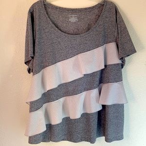 Lane Bryan Plus size knit Gray T-Shirt with  cotton stripe ruffles Plus Sz 26/28